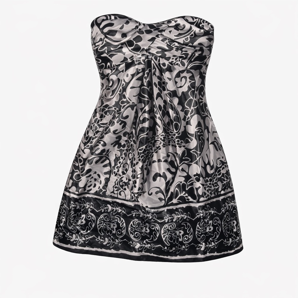 XSCAPE Strapless Black Silver Satin Cocktail Dress Border Print Dress Size 8